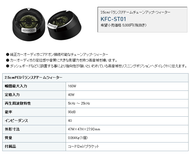 エスディーエス ネット事業部 ＞ カーオーディオ ＞ スピーカー ＞ ケンウッド ＞ KENWOOD 2.5cmバランスドドームチューンアップ・ツィーター  KFC-ST01